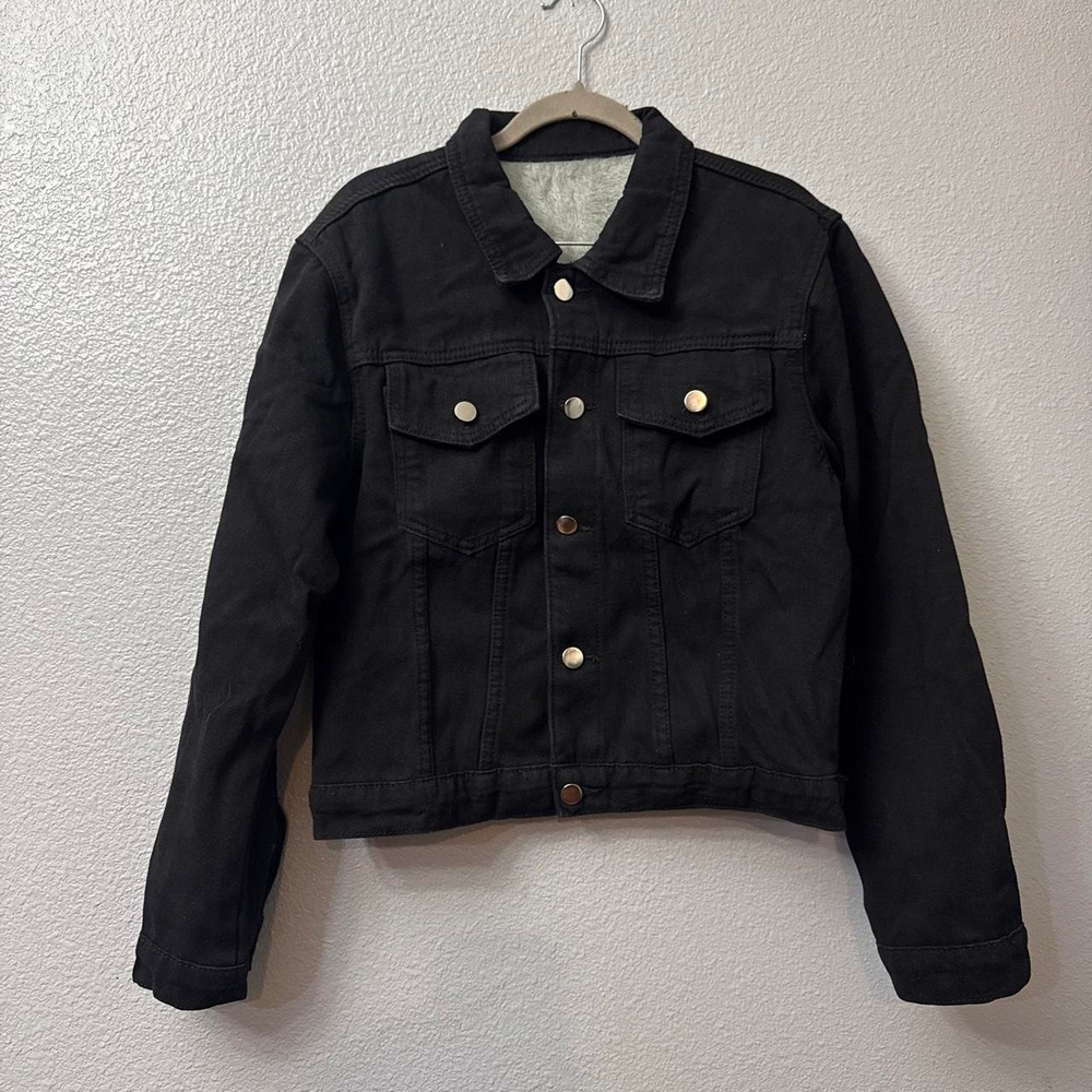Women's Black Fleece Lined Denim Jean Jacket with Pockets